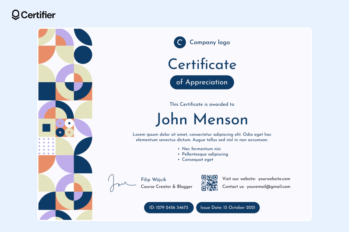 Corporate Google Slides certificate template with abstract elements and special place for tags and a QR code.