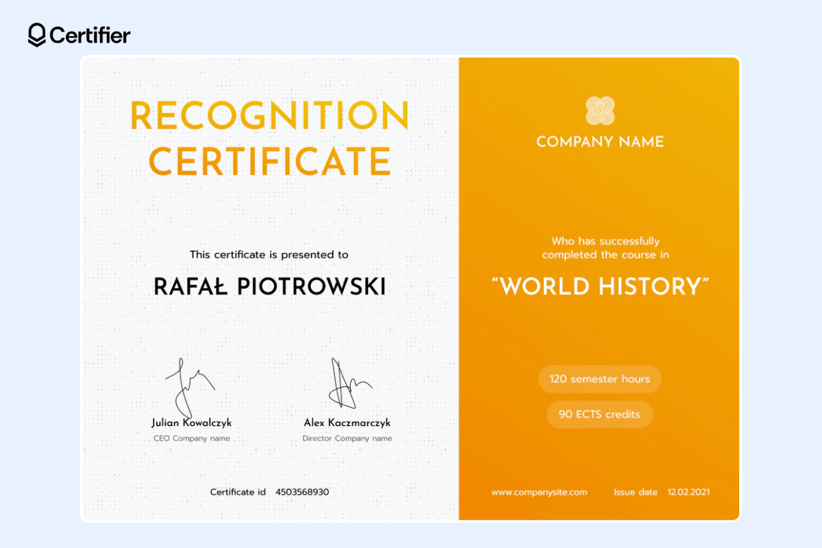 Recognition certificate Google Slides template with orange colors.