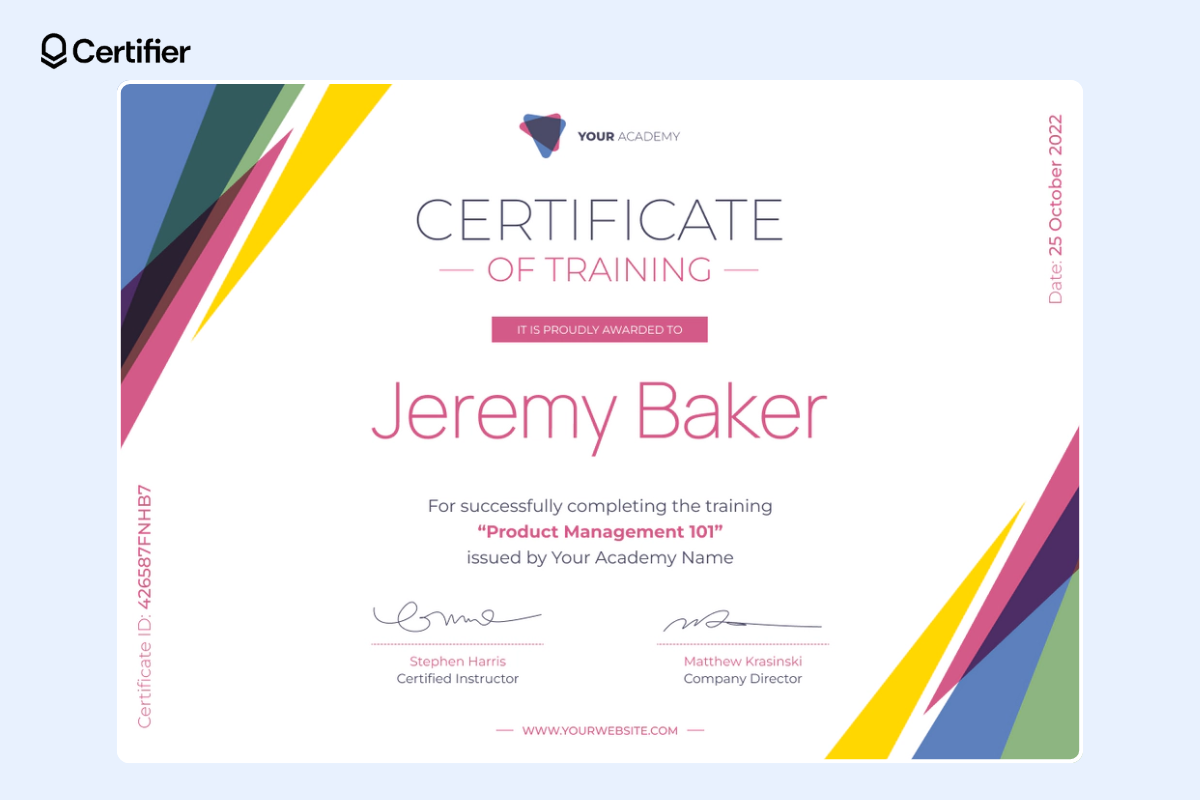 Google Slides certificate template of training with colorful patterns on the corners.