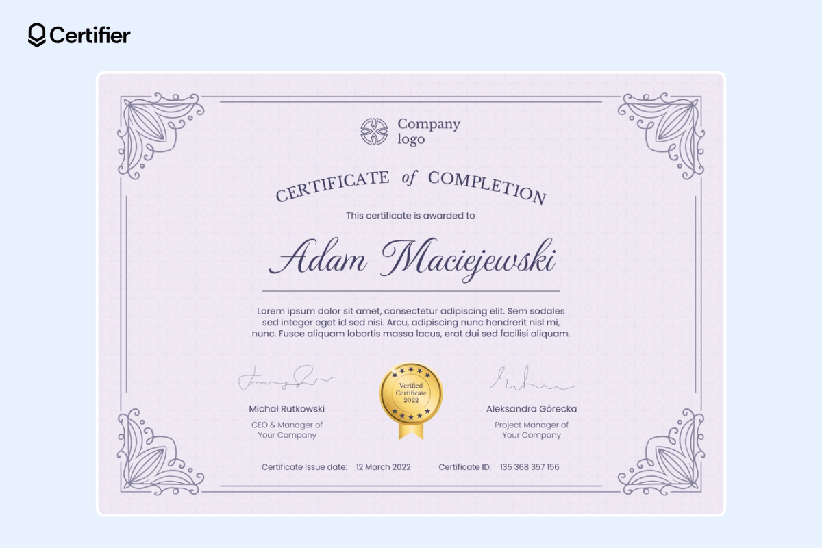 Traditional certificate of completion as a template for Google Slides.