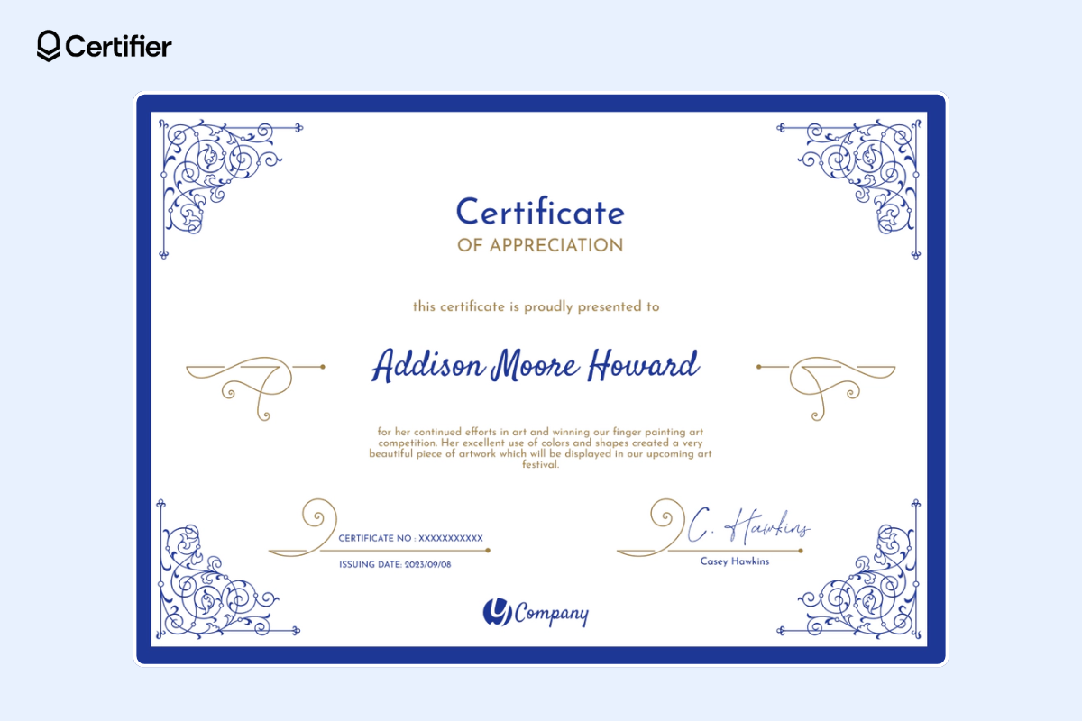 Google Slides certificate template with golden and blue elements.