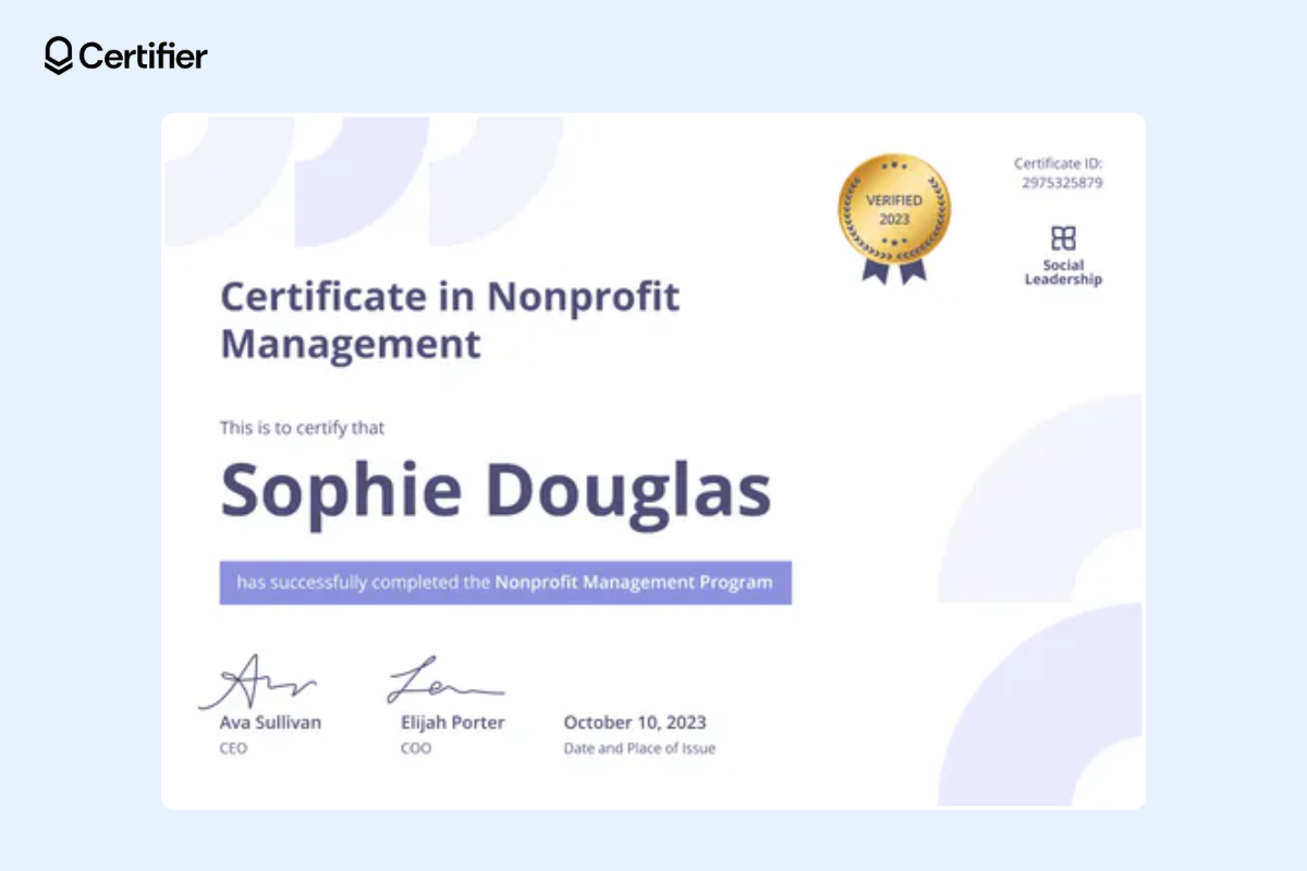 Modern violet Figma training certificate template with delicate elements and large recipient's name.
