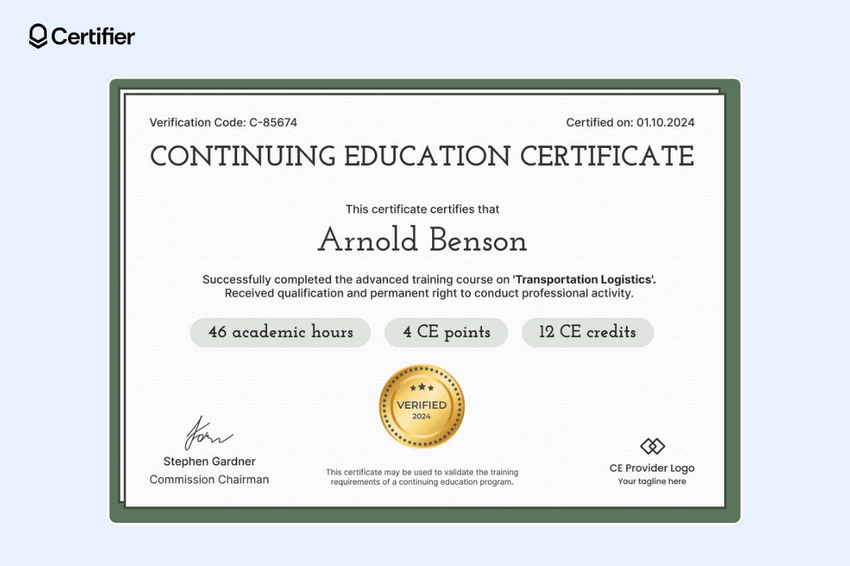 Free Figma CE certificate template with golden badge and dedicated space for course details.