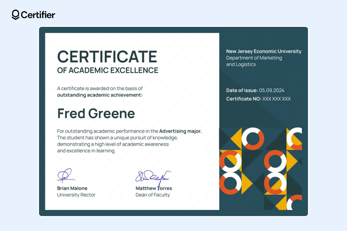 Certificate of academic excellence featuring dark teal background, dynamic abstract elements, name, date of issue, and certificate number.