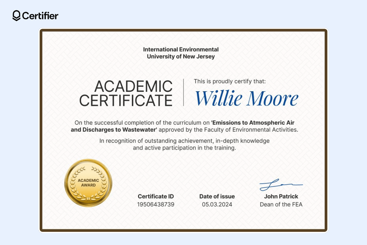 Academic certificate example with brown borders, gold badge, certificate ID and a place for date of issue.