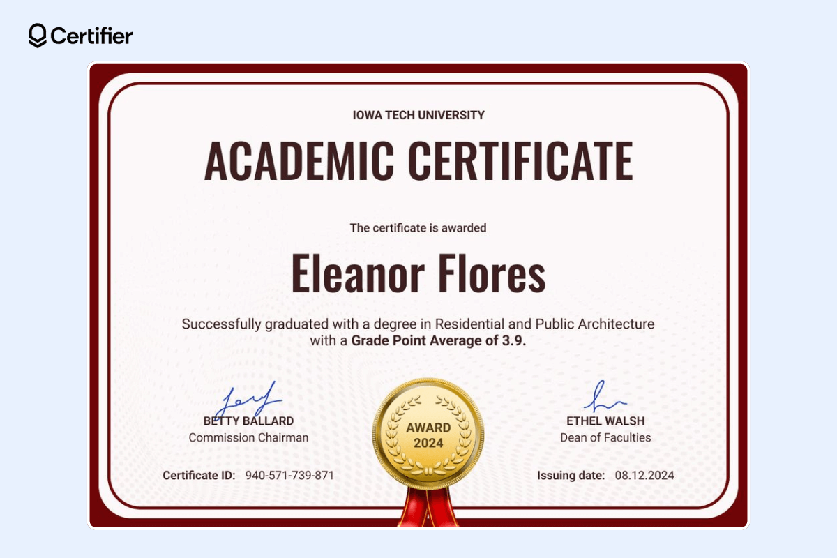 Academic certificate template with bold fonts, wide burgundy borders, GPA, certificate ID, issuing date, and gold seal with red ribbon.