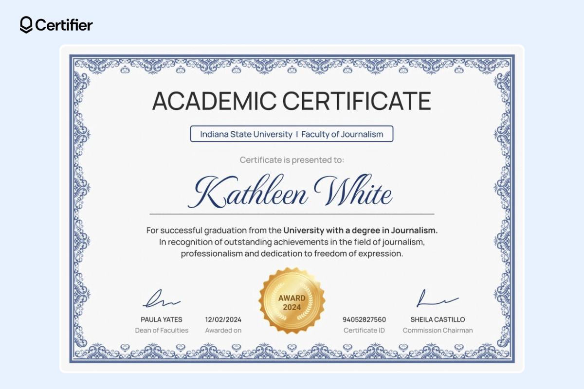 Academic certificate template free download with ornamented blue border, gold seal, date of issue, and certificate ID.