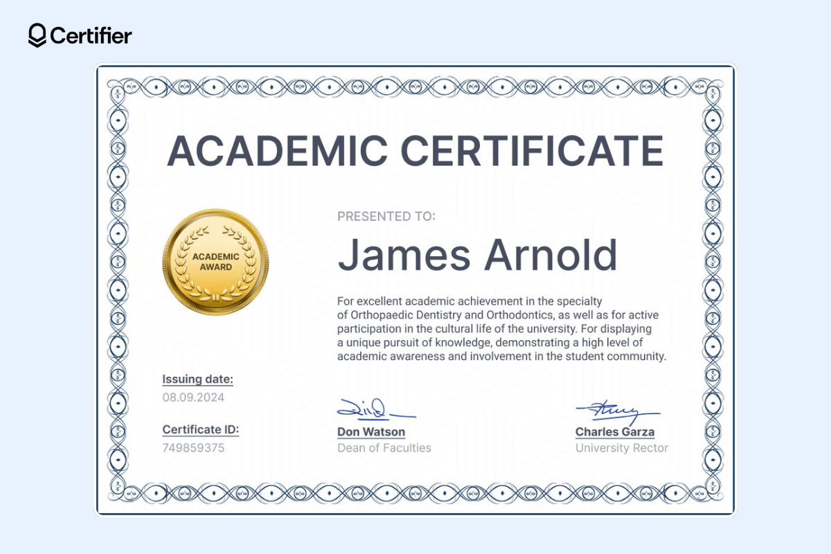Certificate for academic excellence with white background, blue accents and border, gold seal, signatures, certificate ID, and issuing date.