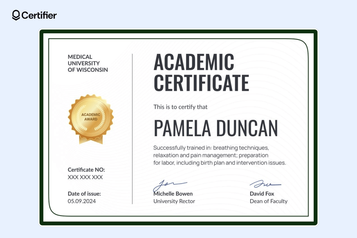Academic achievement certificate template with a white background, subtle waves pattern, bold fonts, gold seal, certificate ID, and date of issue.