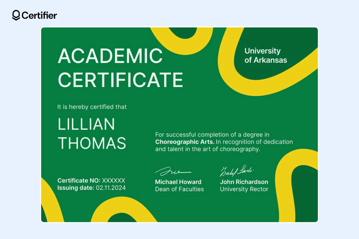 Academic certificate template for free download with vibrant green background, abstract patterns, sans-serif font, certificate number, logo, and issuing date.