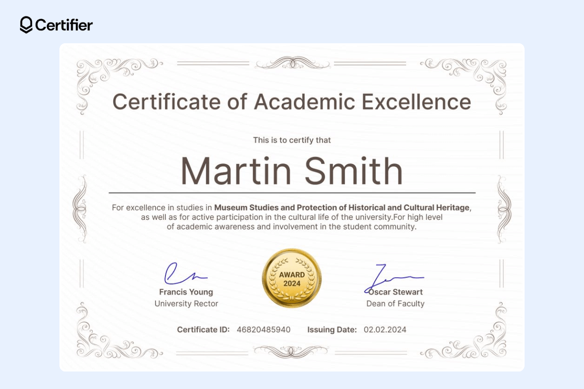 Certificate of academic excellence template with a white background, subtle brown accents, gold seal, signatures, certificate ID, and issueing date.
