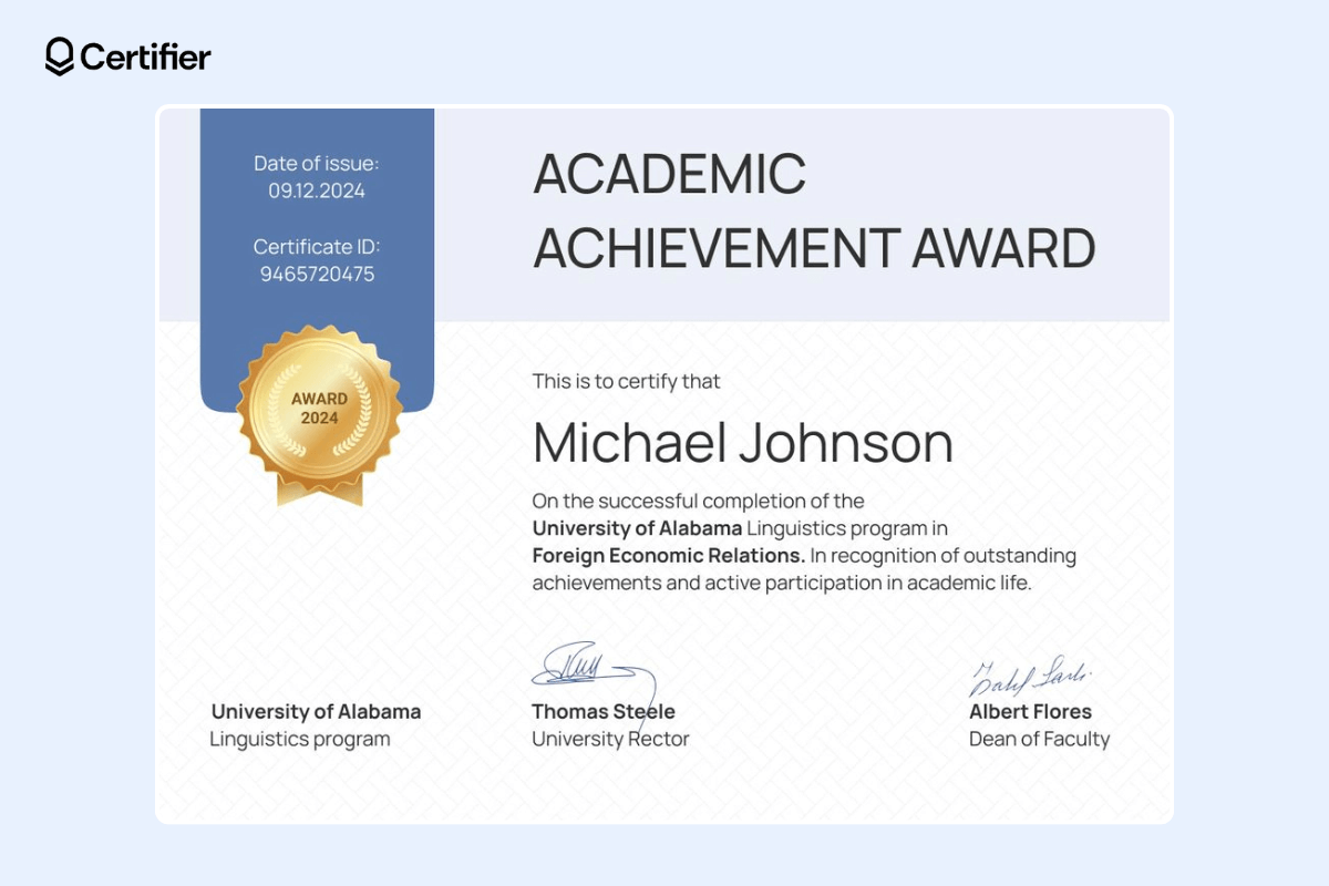Certificate of academic achievement featuring a gold seal, signatures, certificate ID, date of issuing, logo, and name.