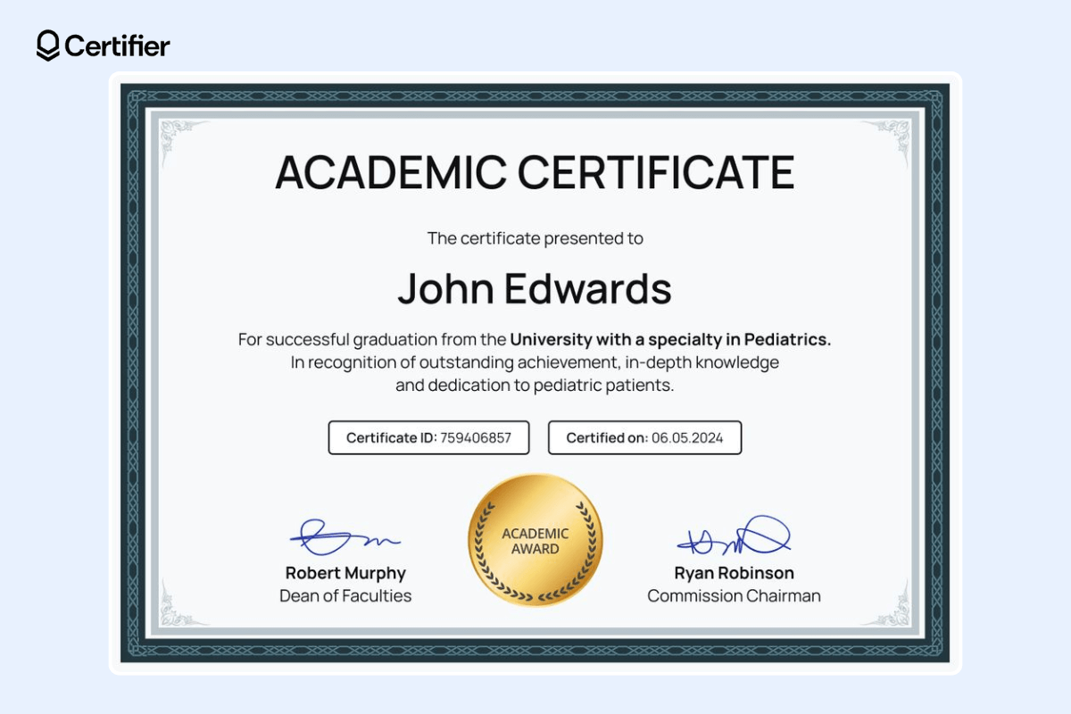 Certificate of academic excellence template with a white background, solid, wide, ornate, dark navy border, gold seal, signatures, ID, and date.