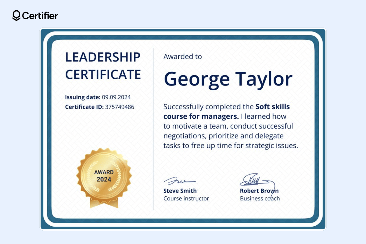 Leadership award certificate template free with two sections, golden badge and space for a QR code.