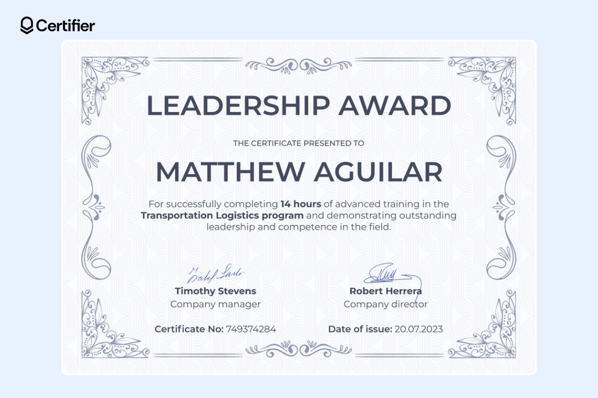 Leadership certificate sample with traditional design and simple certificate elements like recipient's name and signatures.