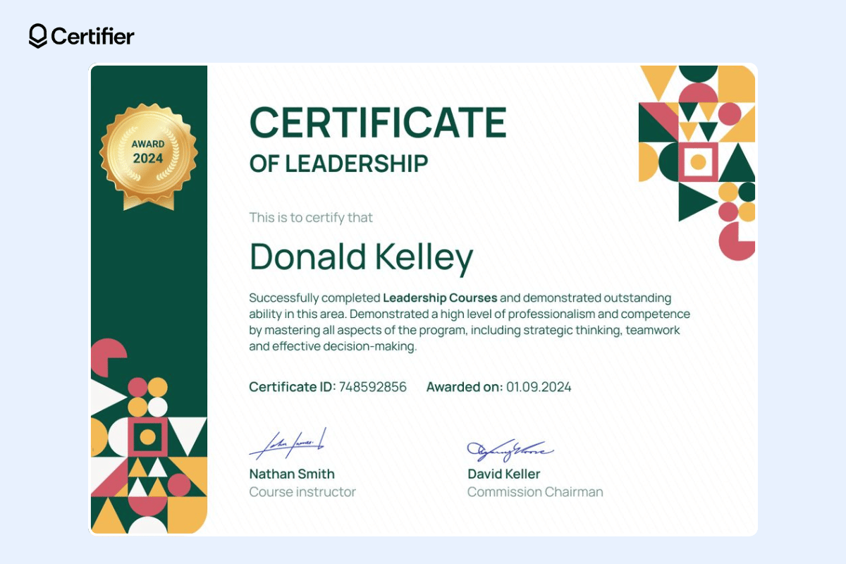 Leadership certificate sample with golden elements and dedicated space for certificate ID and issue date.
