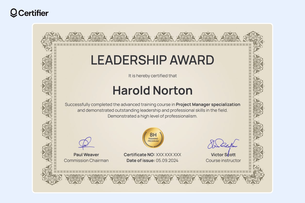 Formal leadership certificate template with ornamental patterns and a dimmed certificate background.