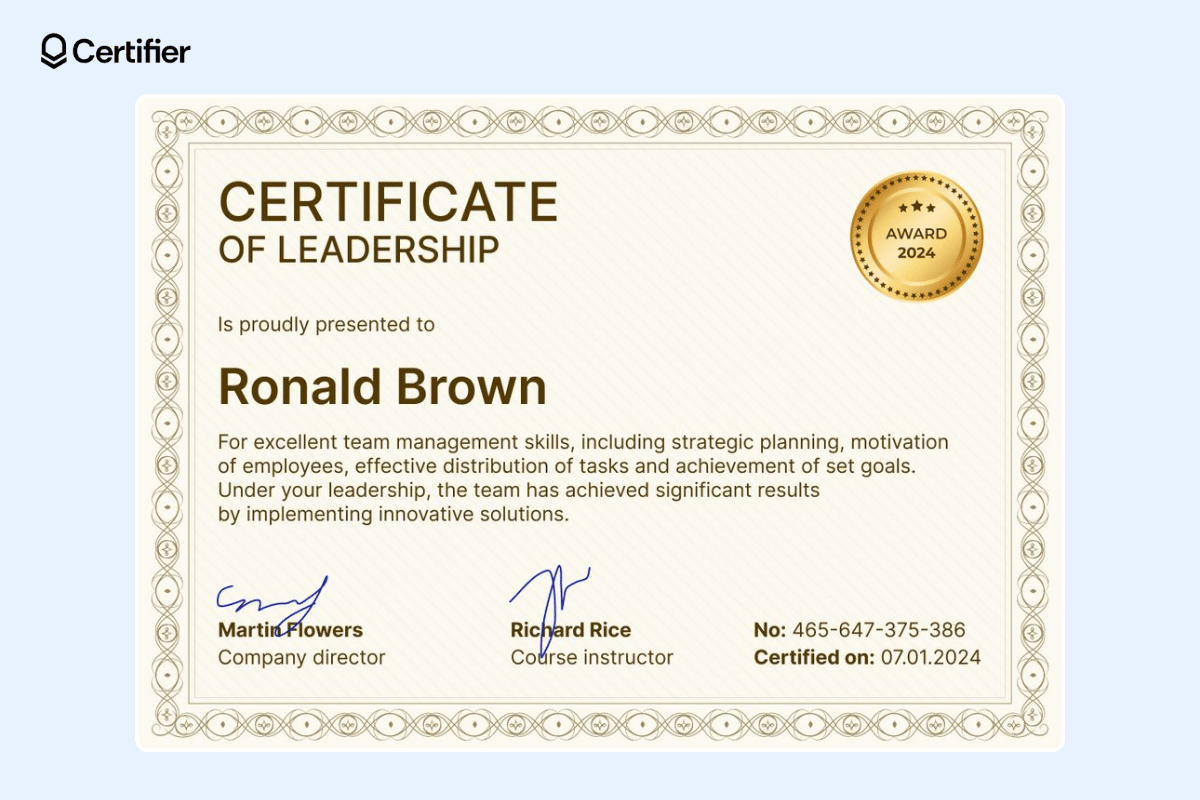 Leadership award certificate template free with golden elements and yellow background.