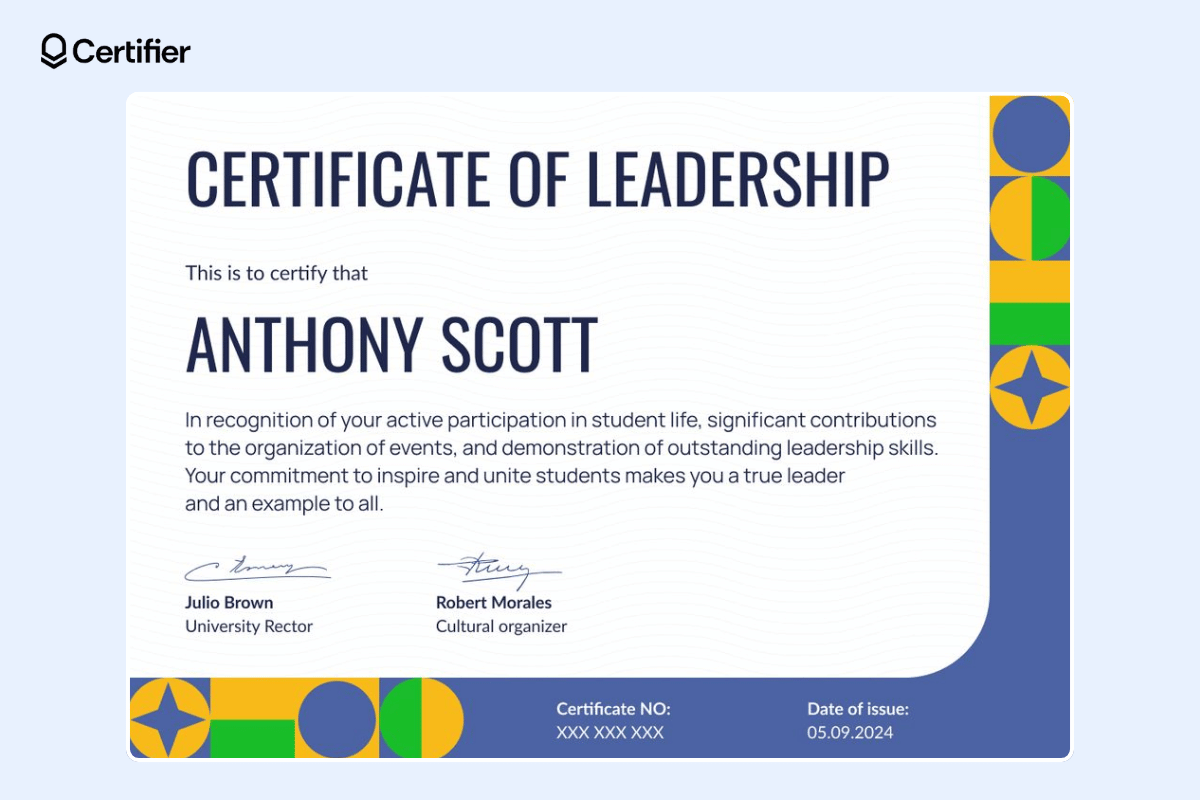 Leadership award certificate with subtle decorative elements on the borders and a lot of space for details.