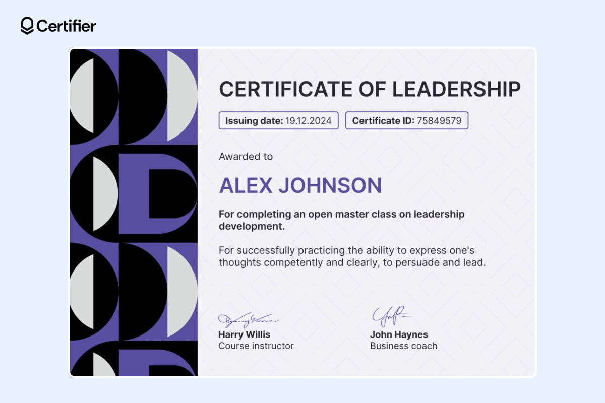 Leadership award certificate with dynamic abstract elements on the left and dedicated tags for issue date and certificate ID.