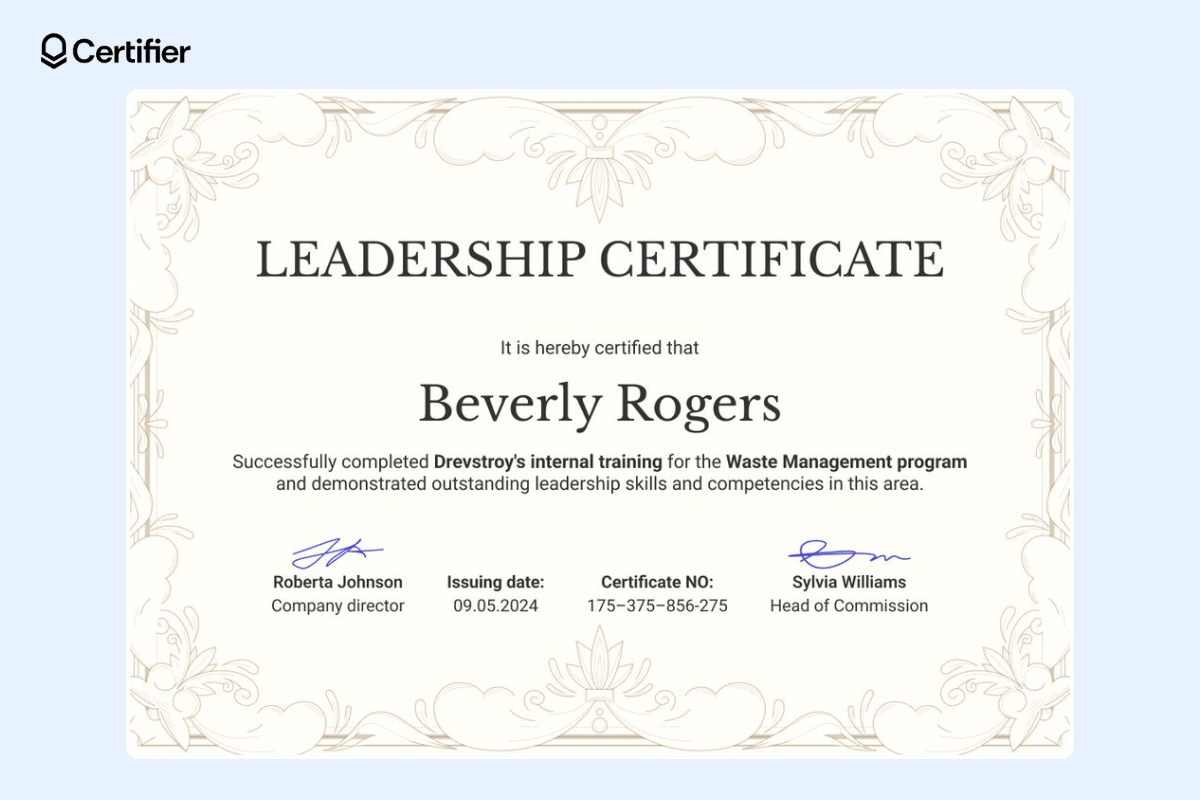 Leadership award certificate wording example with subtle patterns in the background.