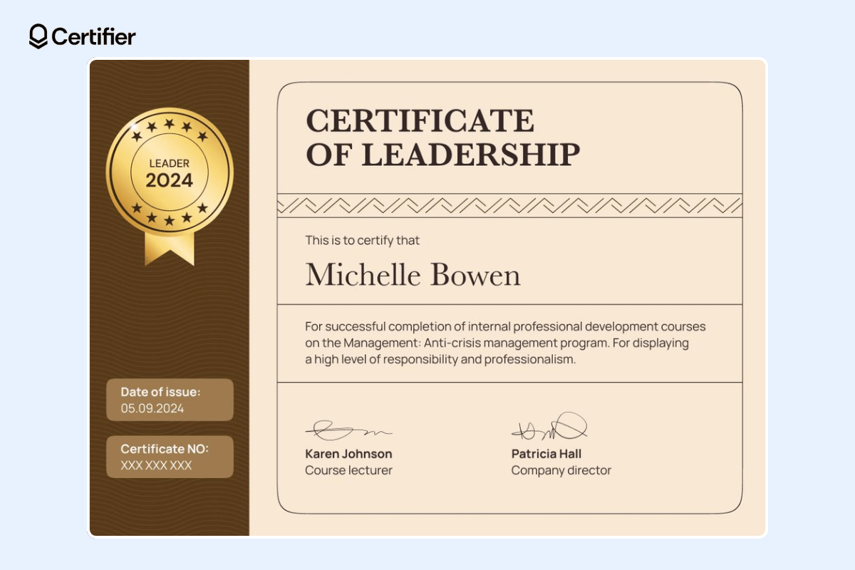 Brown leadership certificate sample with dark ribbon on the left with dedicated space for issue date and certificate ID.