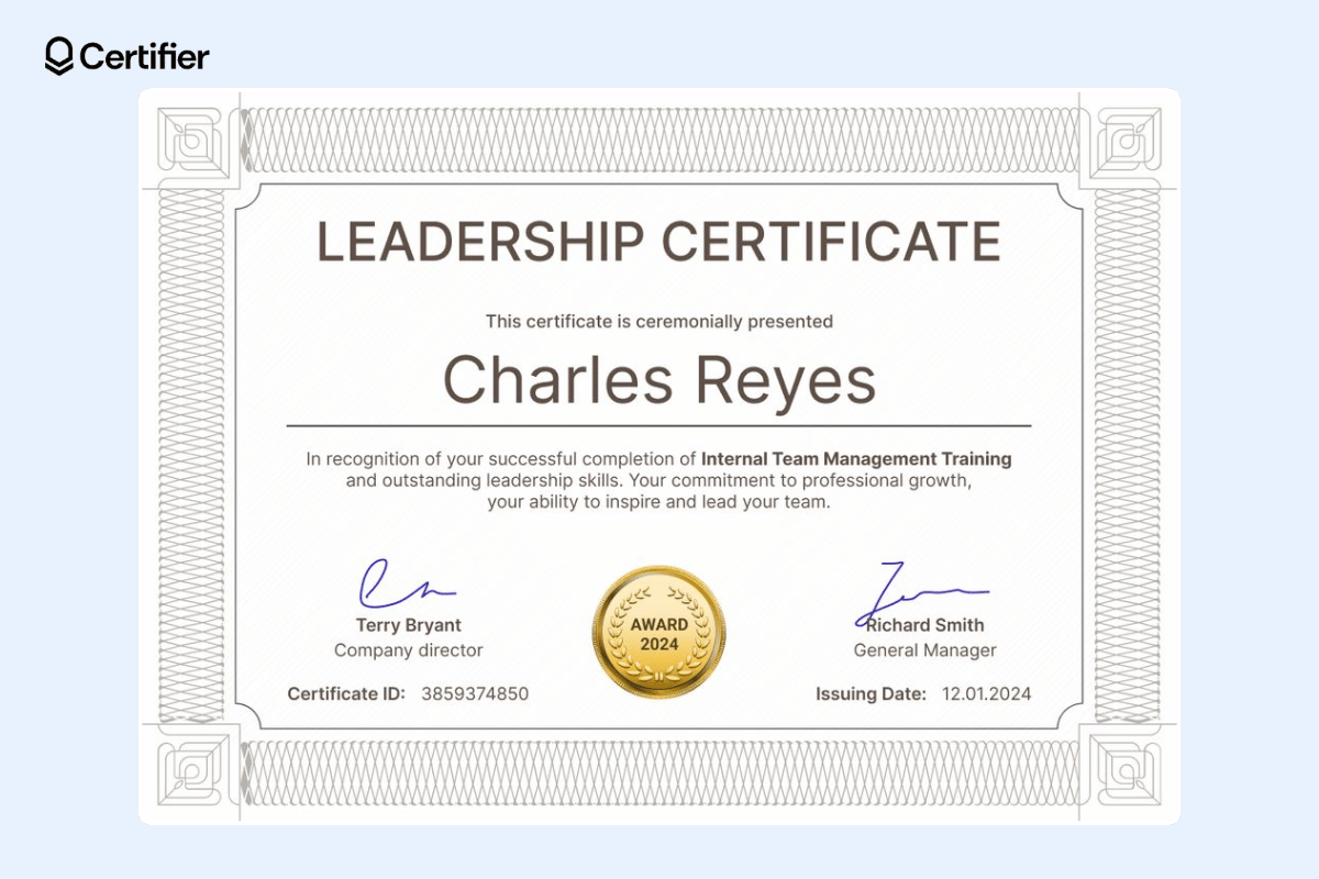 Leadership award certificate template free with majestic borders and elements.