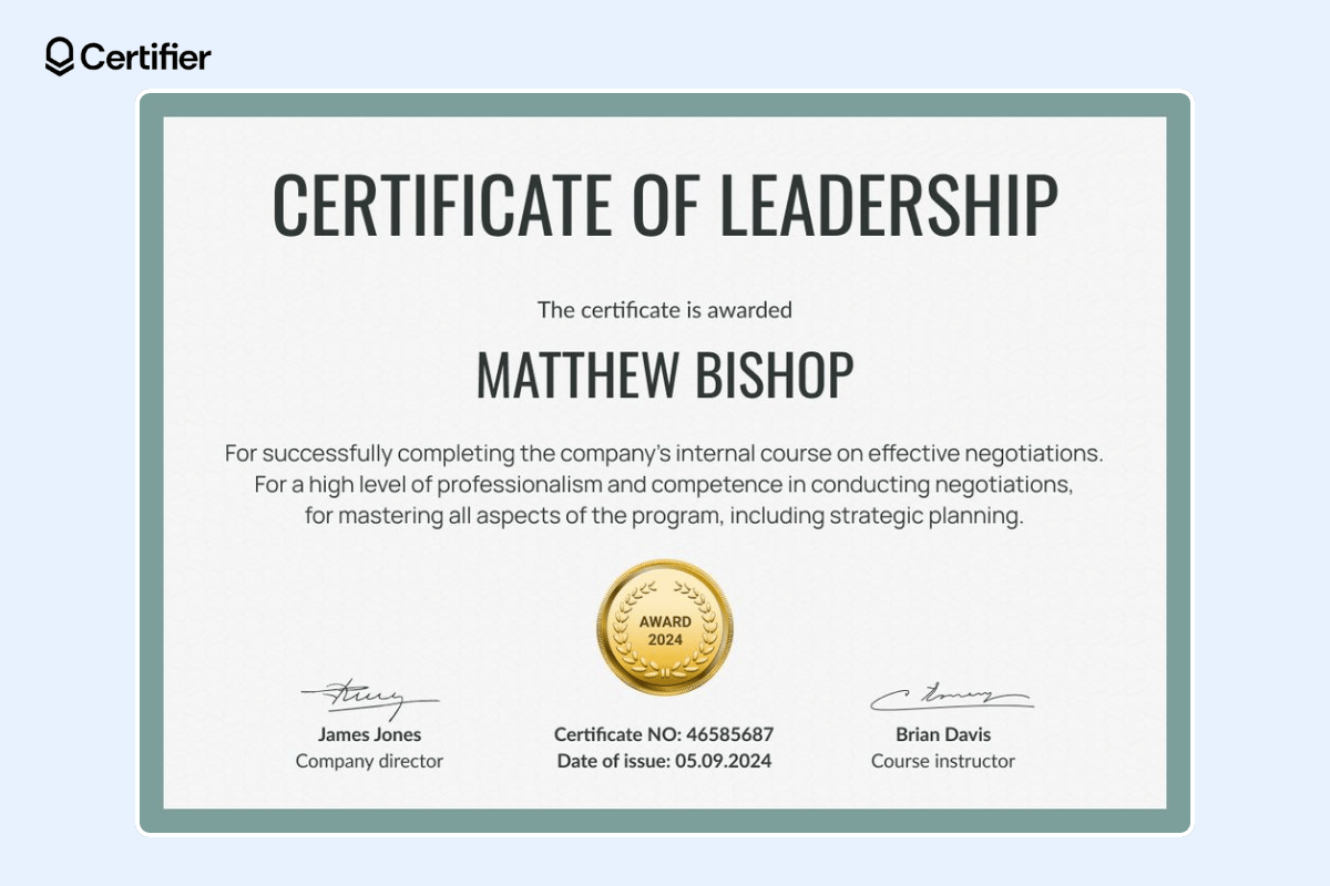 Leadership award certificate with green borders, golden badge at the center and space for certificate description.