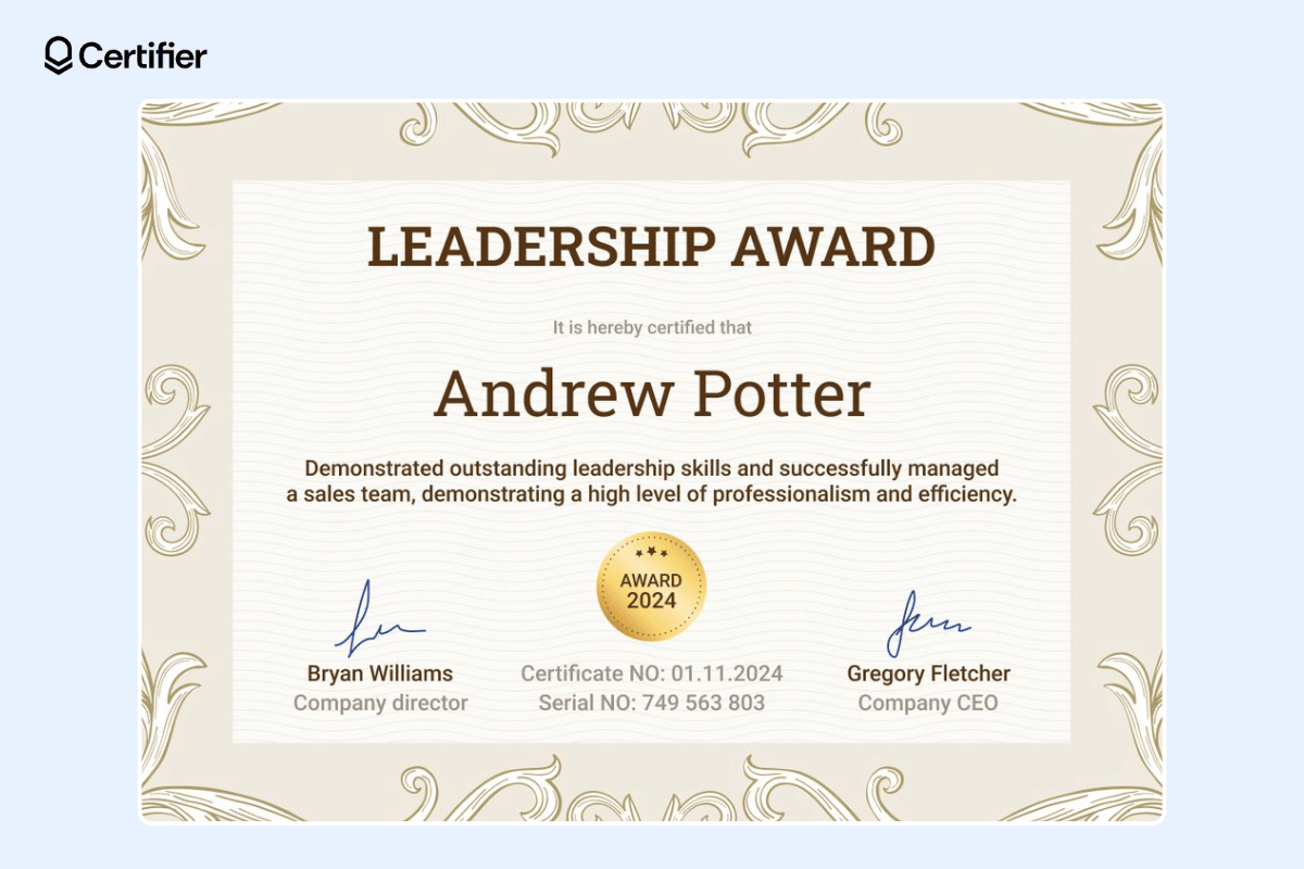Leadership certificate template with golden badge at the center and ornamental borders.