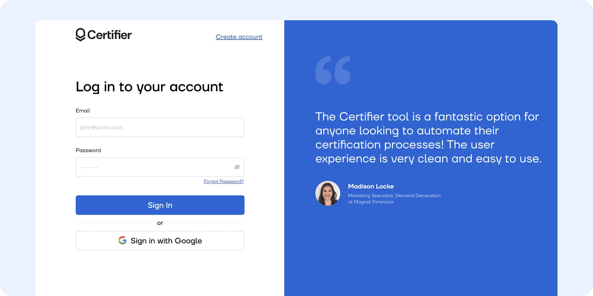 The Certifier sign-up page to get access to the PDF certificate generator.