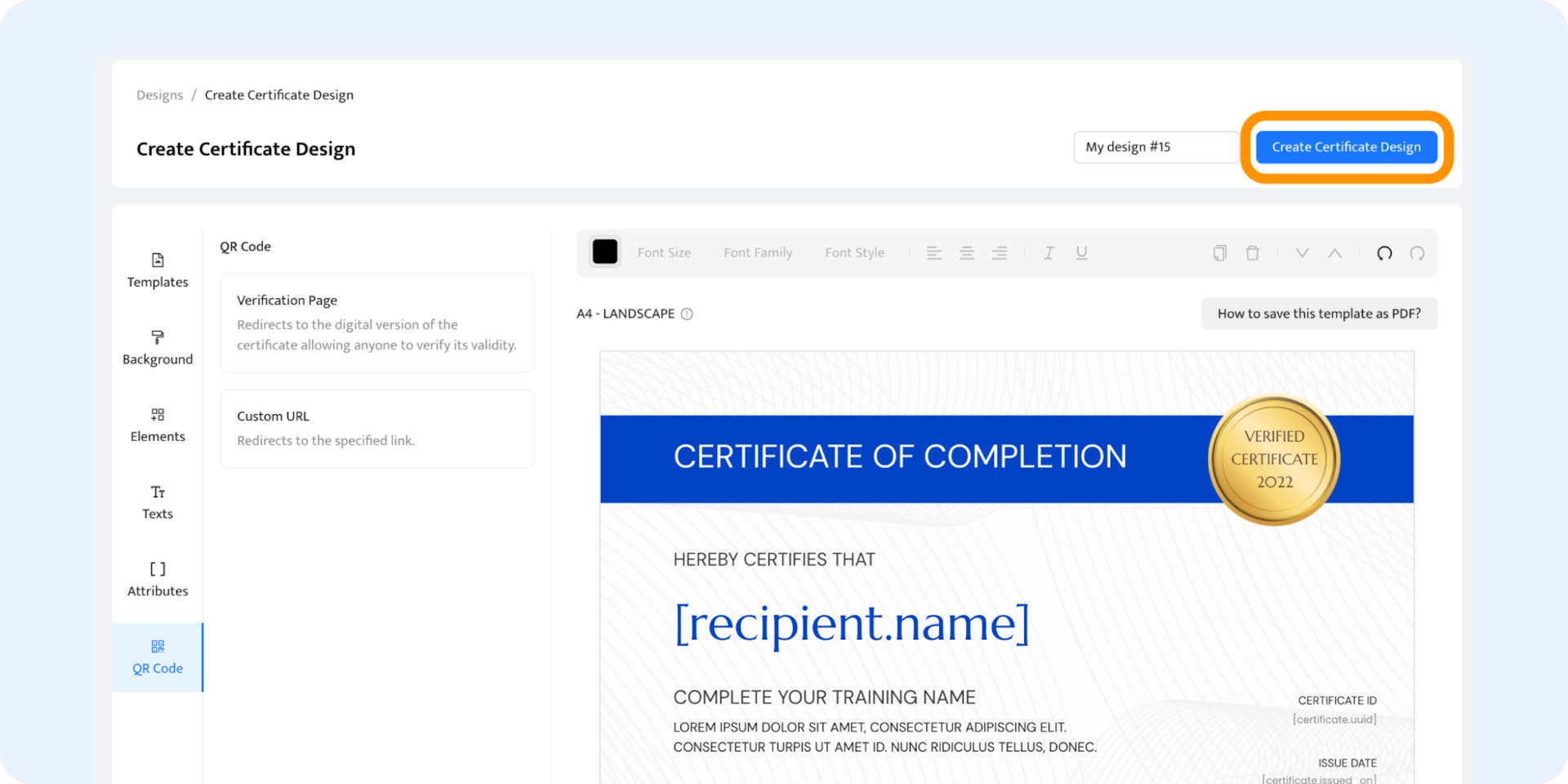 Saving the PDF certificate template design.