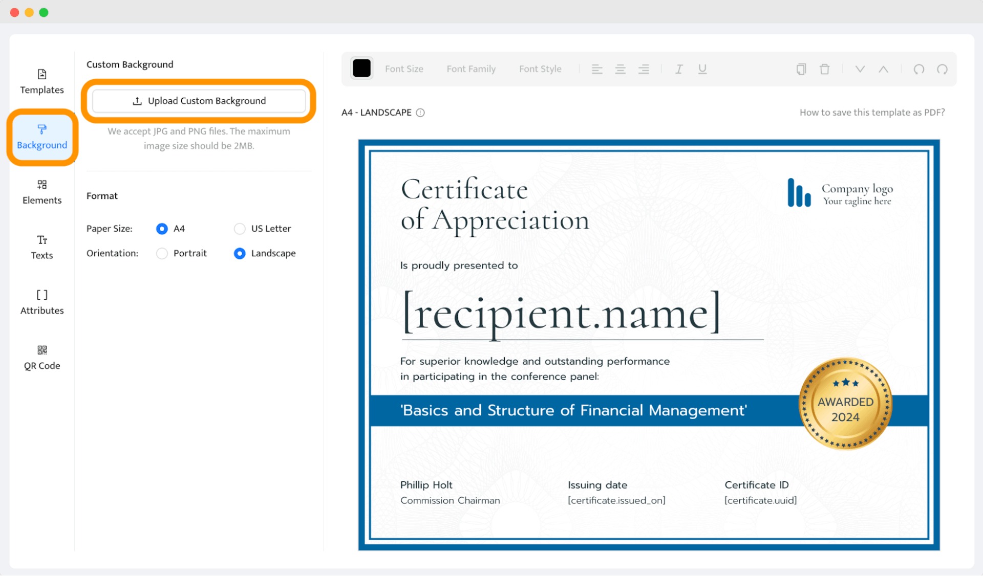 Uploading custom background to make personalized certificate of appreciation.