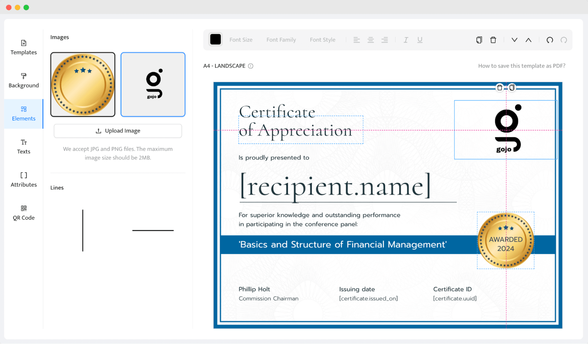 Placing the logo to create certificate of appreciation template.
