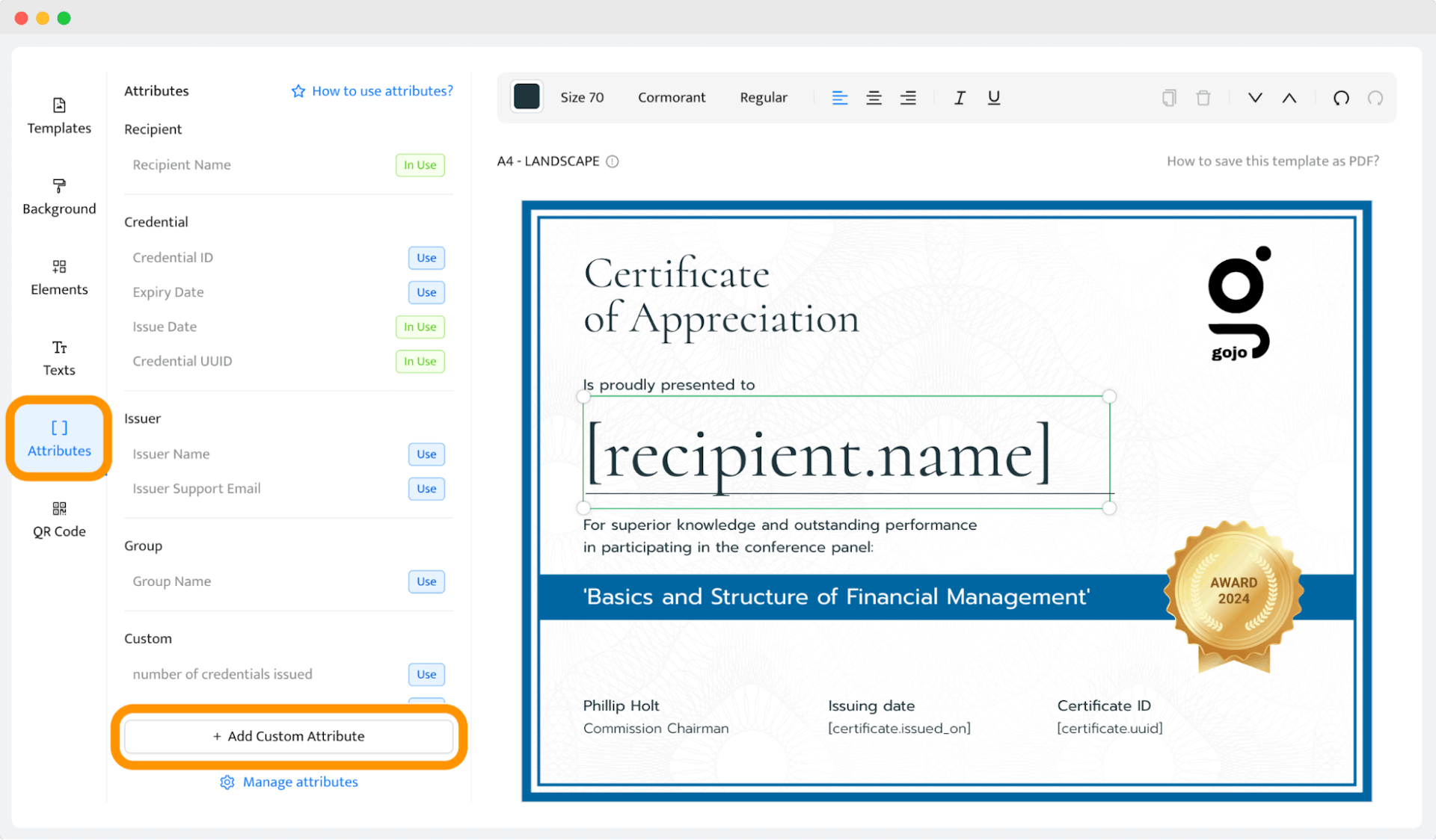 Adding custom attribute to make certificate of appreciation template.