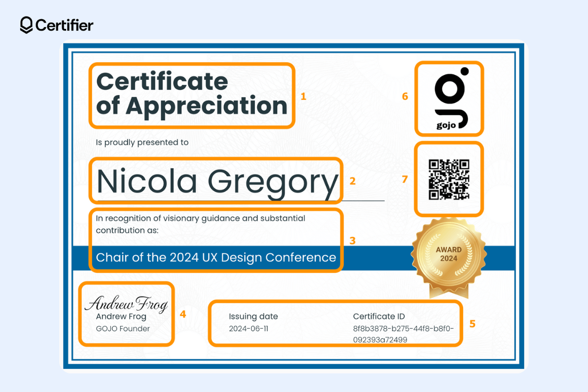 Certificate of appreciation elements like title, recipient name, QR code, company's logo, signature and details.