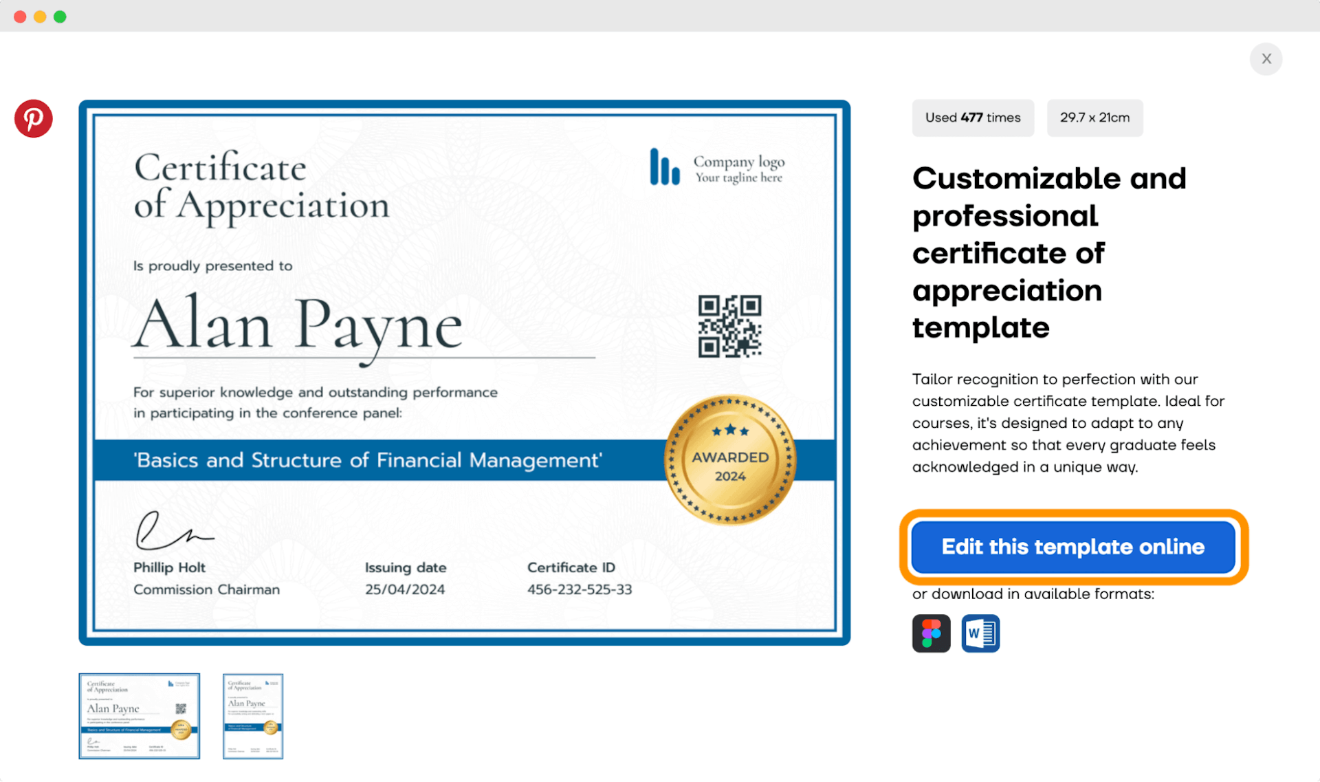 The button to edit this template online to start to make certificate of appreciation.