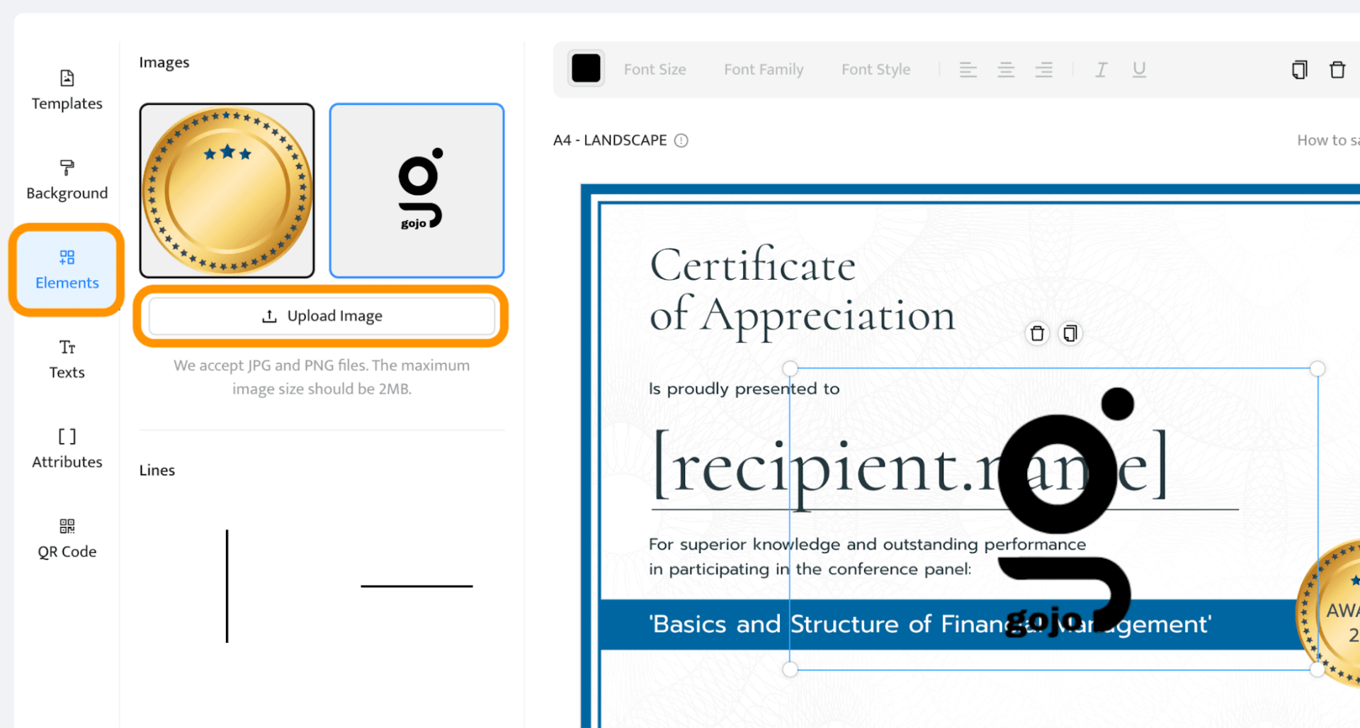 Uploading own images and the screen showing how to make certificate of appreciation.