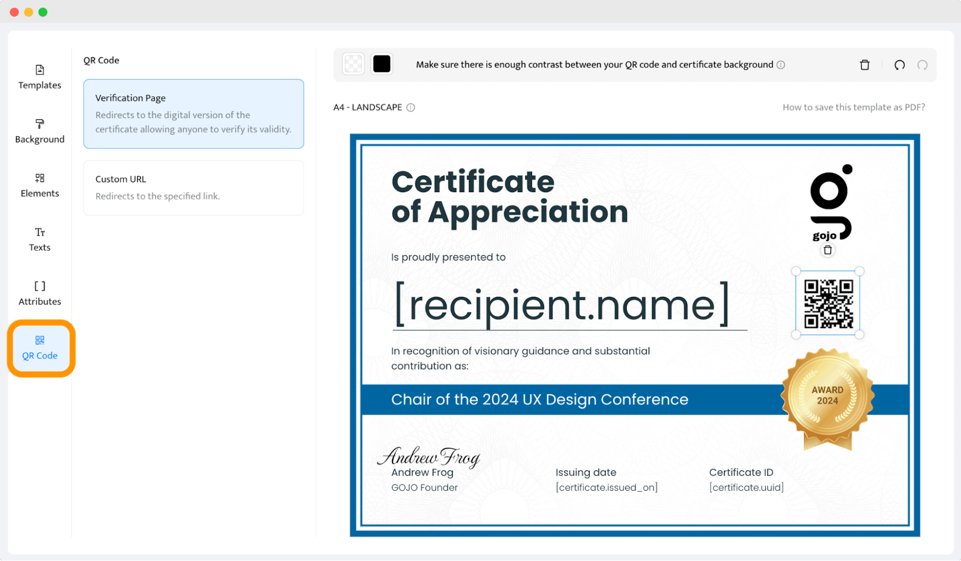 Adding a QR code to the appreciation certificate.