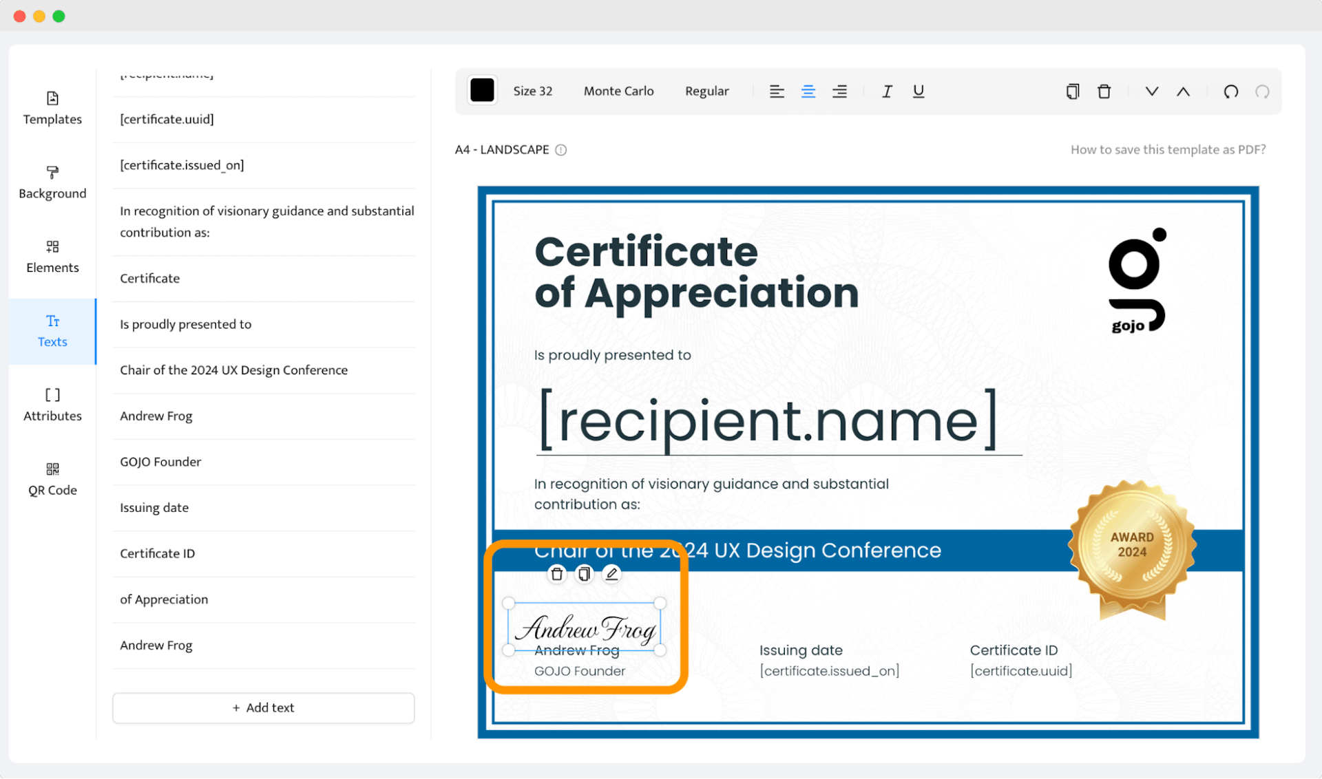 Adding signature to the certificate of appreciation template.