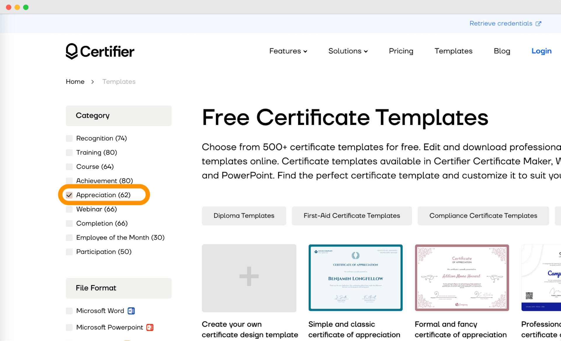 Certificate of appreciation template library with diiferent layout and designs to download or edit with Certifier.