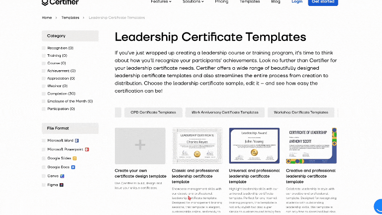 The process of downloading free leadership certificate template from the Certifier library.
