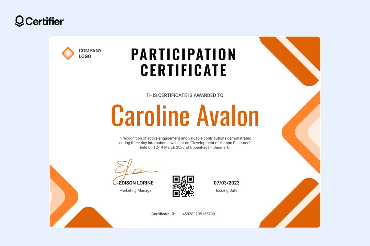Orange certificate of participation template