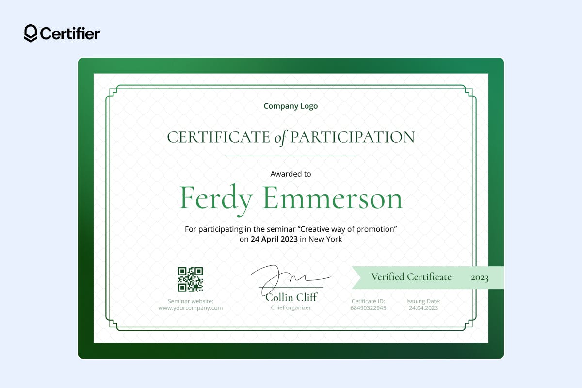 Green participation certificate for corporate events