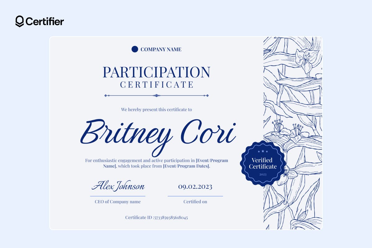 Floral light-blue certificate of participation template