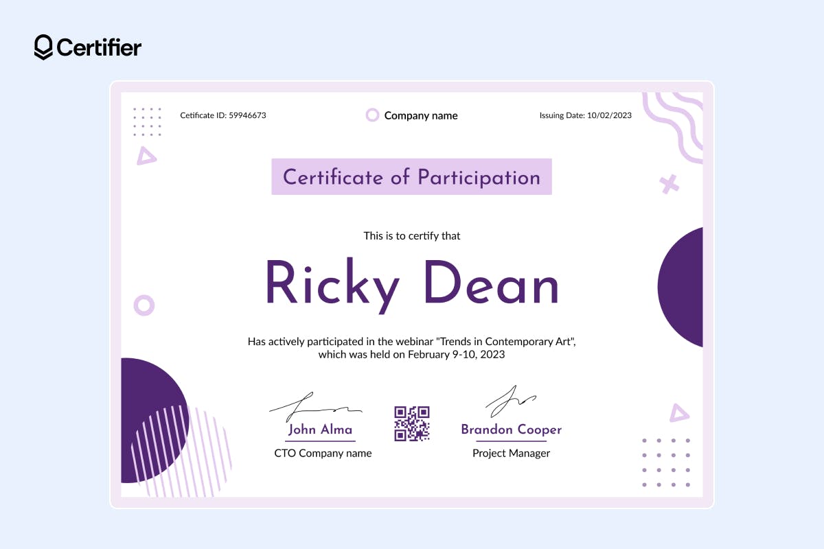 Artistic violet certificate of participation template