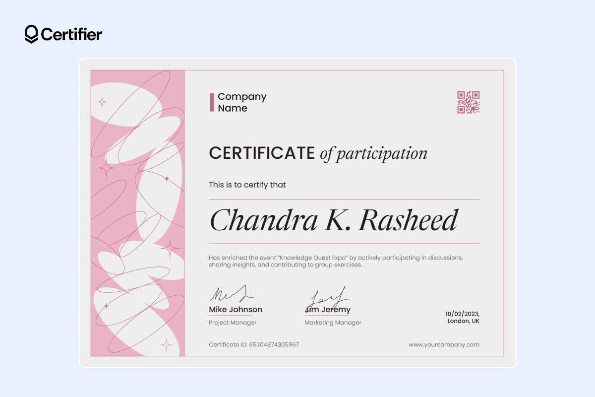 Participation certificate template with pink elements
