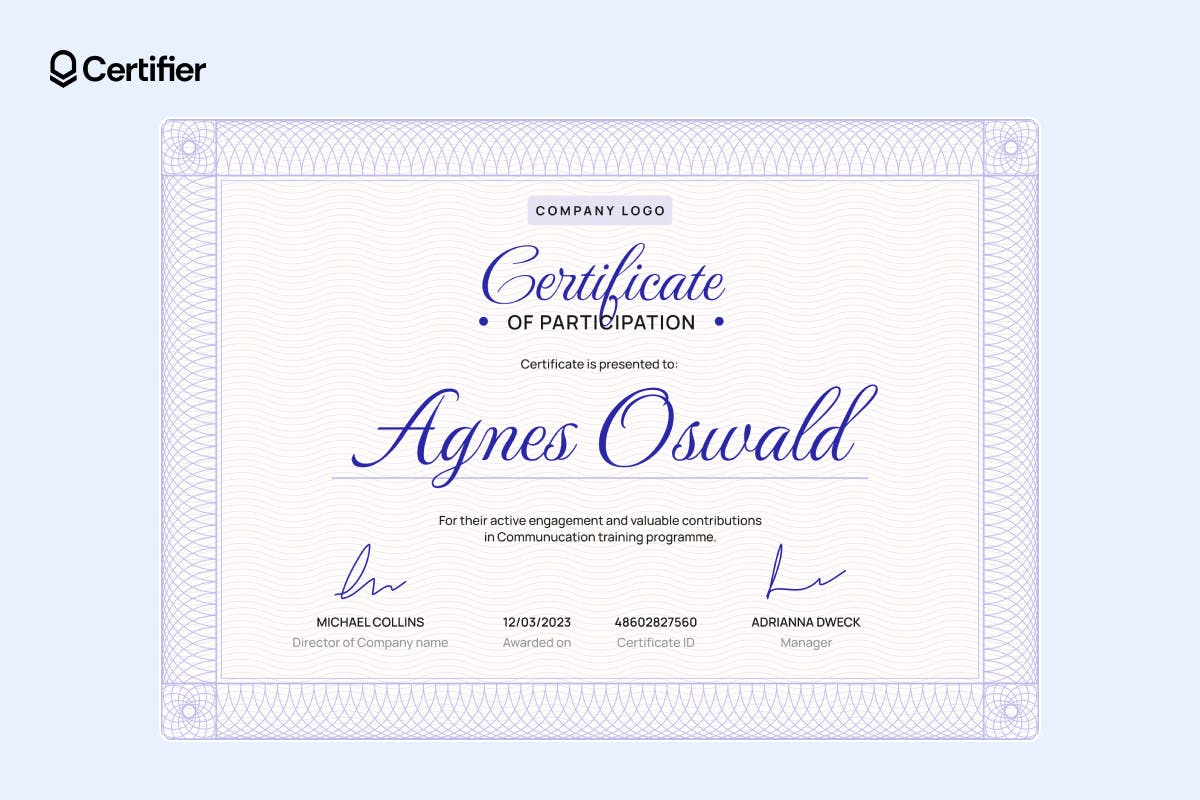 Light violet participation certificate template for innovative events