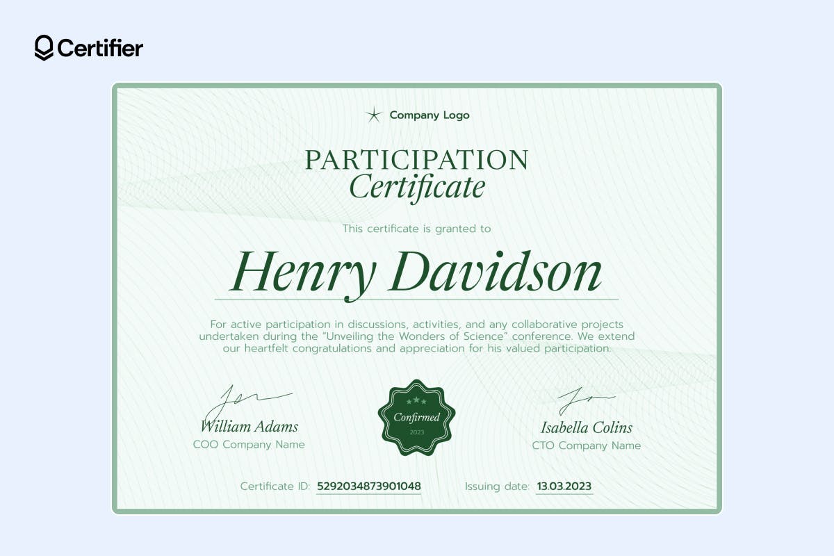 Green eco-friendly certificate of participation template