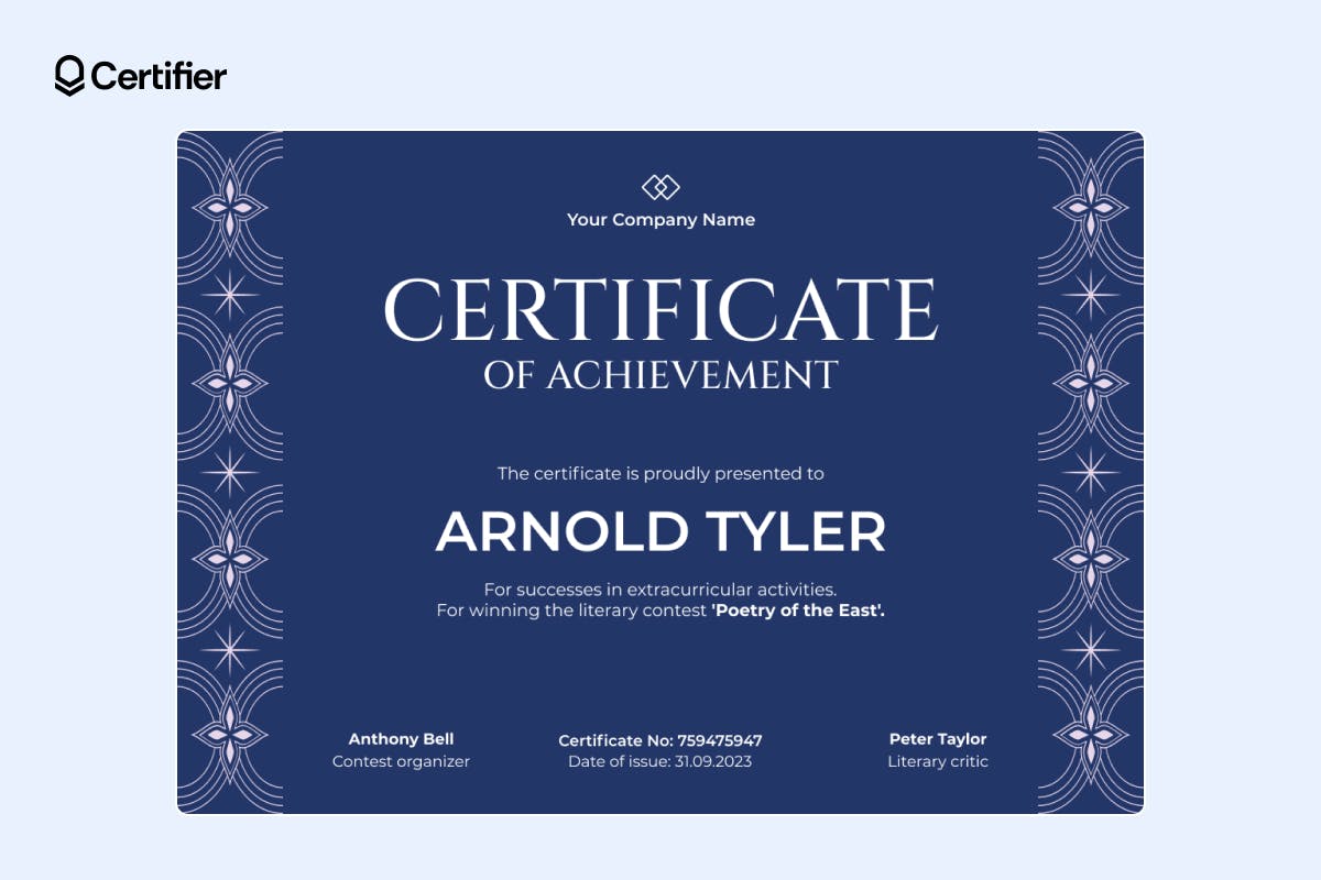 Dark blue, star-patterned achievement certificate template for extracurricular success, with space for contest details