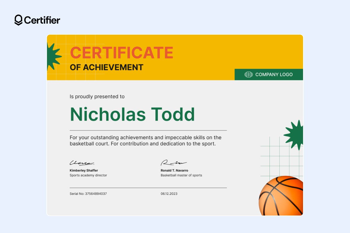 Basketball-themed achievement certificate template with signature lines for a director and sports master, featuring a placeholder for a company logo